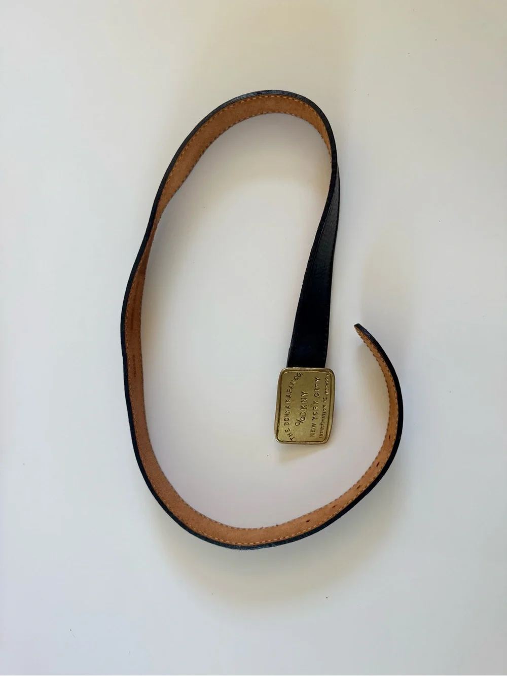 Donna Karan Black Leather Belt with Brass Plaque Buckle